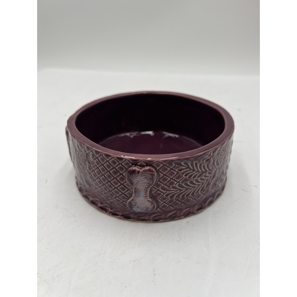 Purple Ceramic Dog Bowl RG Signed Floral Bone Design 5" Pet Food Water Dish